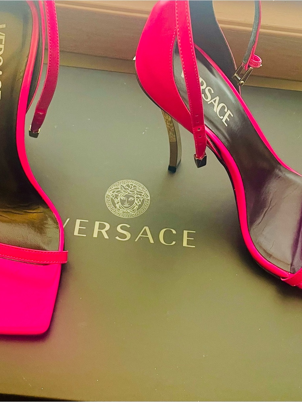 Versace Fuchsia Satin Strappy Heel with Gold Accents